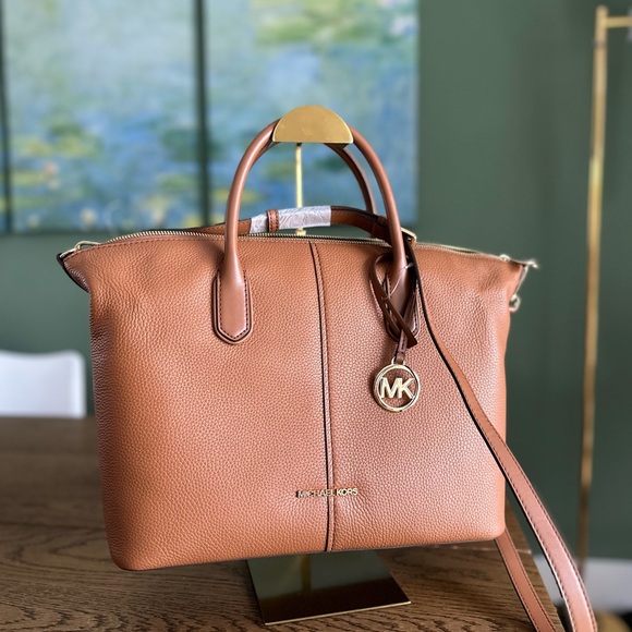 NWT! NEW! KORS Michael Kors Hyde Large Pebbled Leather Satchel -Caramel Luggage - Picture 2 of 12
